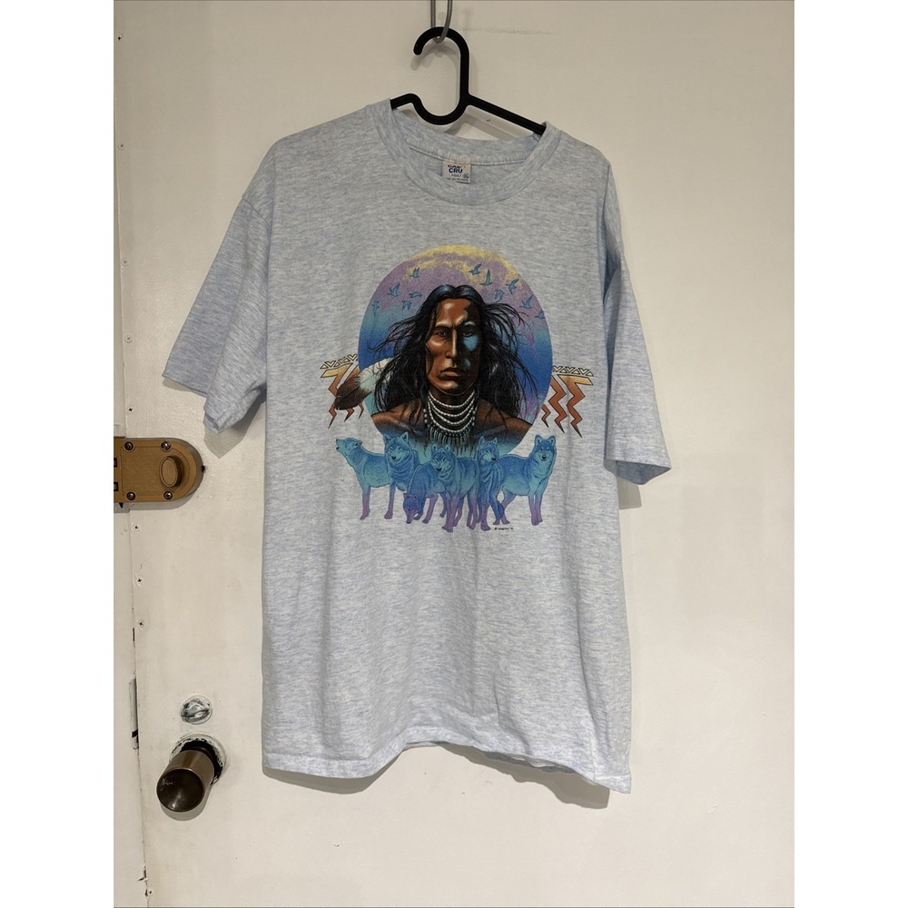 Vintage 1991 USA Made Native American Indian Wolf Wolves Blue T Shirt XLarge